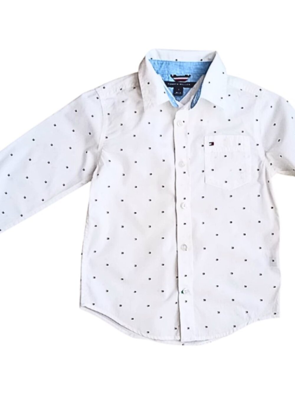 Tommy Hilfiger Boys White Button Down Shirt Size 7 Classic Logo Long Sleeve
